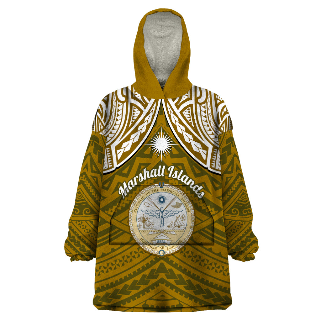 Personalised Marshall Islands Wearable Blanket Hoodie Gold Polynesian Tribal Mix Coat Of Arms LT14 One Size Gold - Polynesian Pride