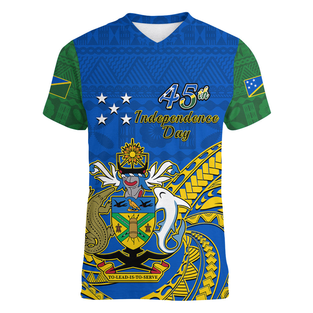 Personalised Independence Day Solomon Islands Women V Neck T Shirt Happy 45th Anniversary LT14 Female Blue - Polynesian Pride