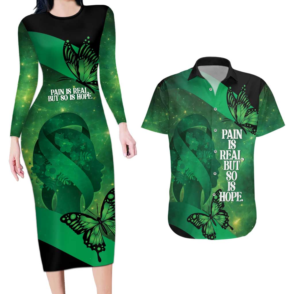Personalised World Mental Health Awareness Month Couples Matching Long Sleeve Bodycon Dress and Hawaiian Shirt Warriors Brave Strong Galaxy Vibes
