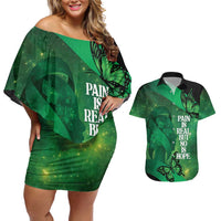 Personalised World Mental Health Awareness Month Couples Matching Off Shoulder Short Dress and Hawaiian Shirt Warriors Brave Strong Galaxy Vibes