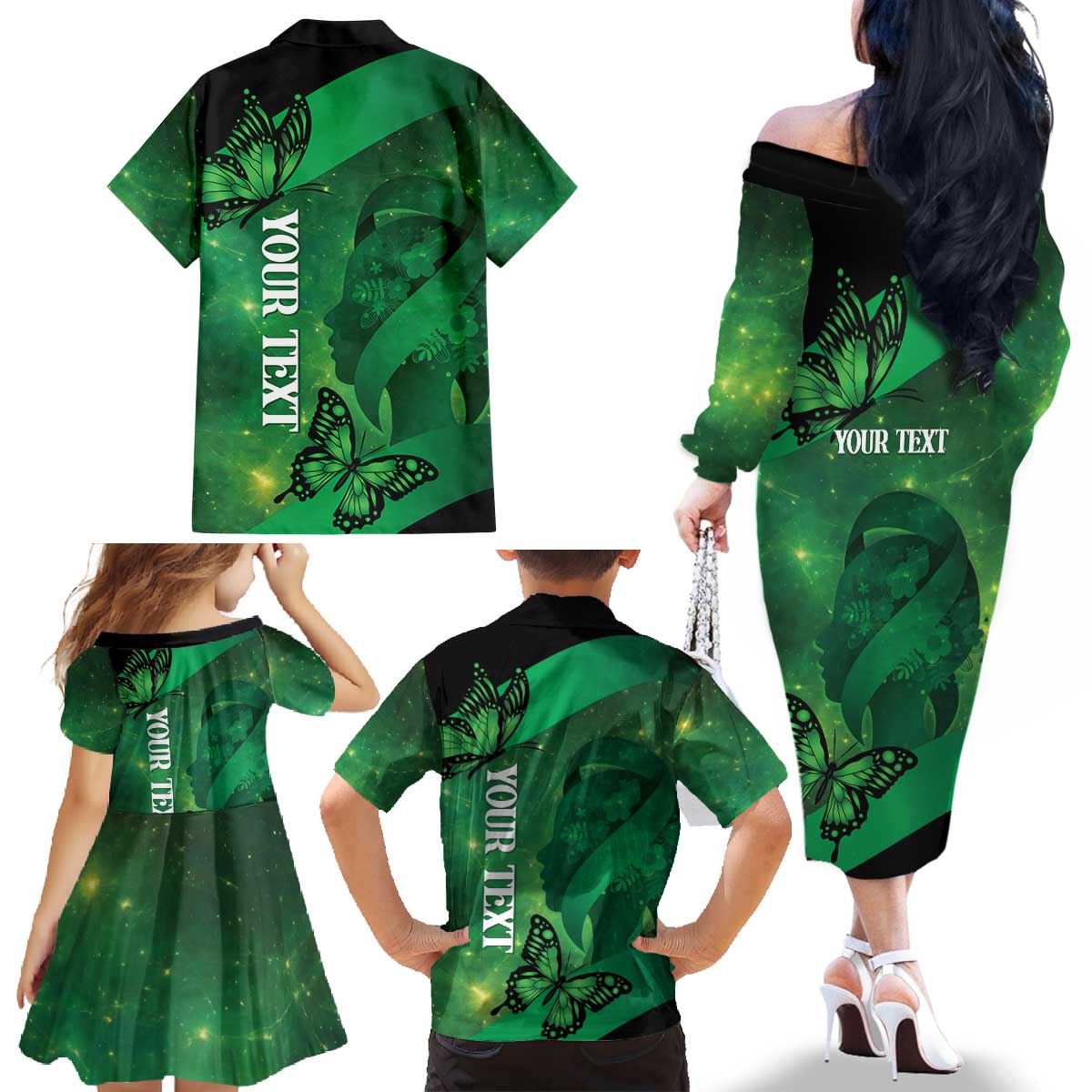 Personalised World Mental Health Awareness Month Family Matching Off The Shoulder Long Sleeve Dress and Hawaiian Shirt Warriors Brave Strong Galaxy Vibes