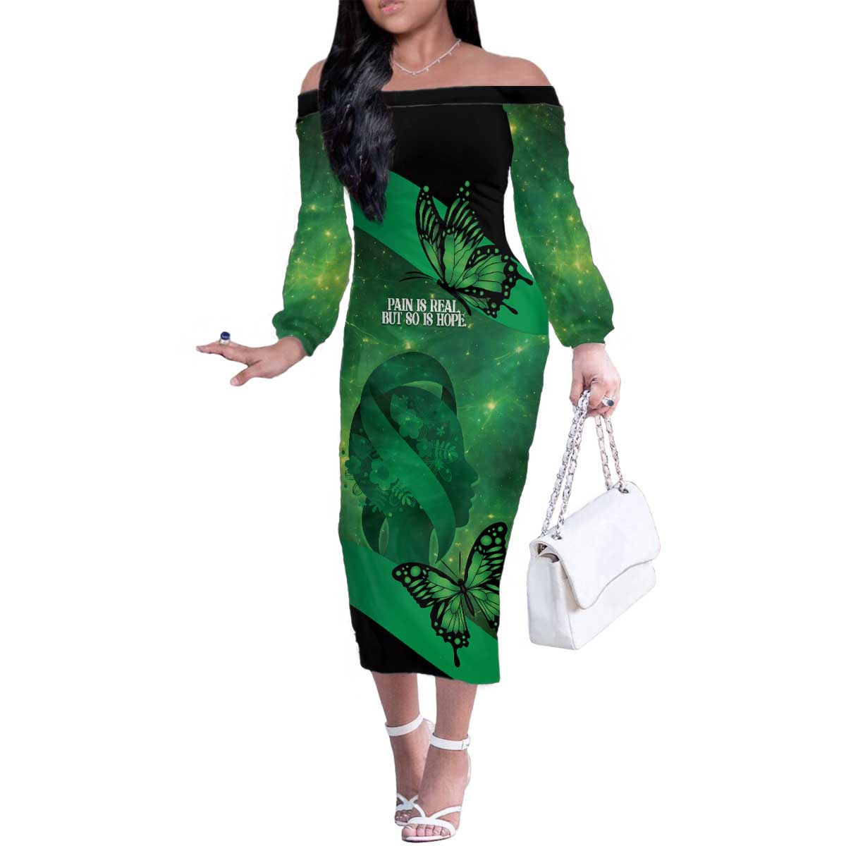 Personalised World Mental Health Awareness Month Family Matching Off The Shoulder Long Sleeve Dress and Hawaiian Shirt Warriors Brave Strong Galaxy Vibes