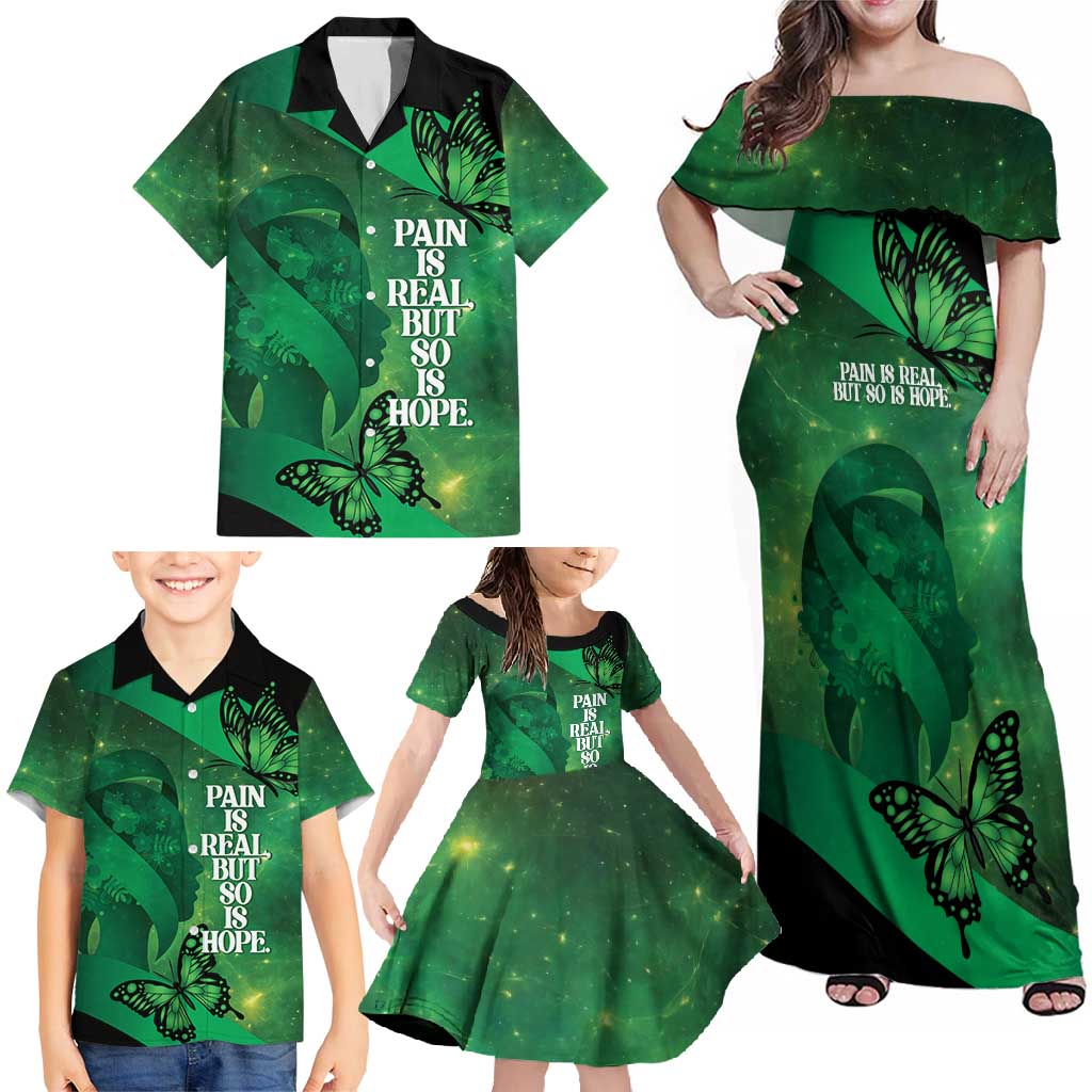Personalised World Mental Health Awareness Month Family Matching Off Shoulder Maxi Dress and Hawaiian Shirt Warriors Brave Strong Galaxy Vibes