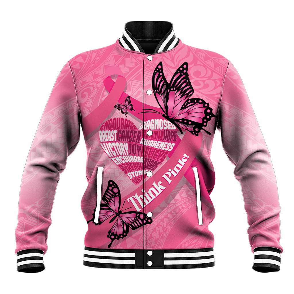 Polynesia Breast Cancer Awareness Month Baseball Jacket Pink Ribbon Mix Butterflies LT14 Unisex Pink - Polynesian Pride