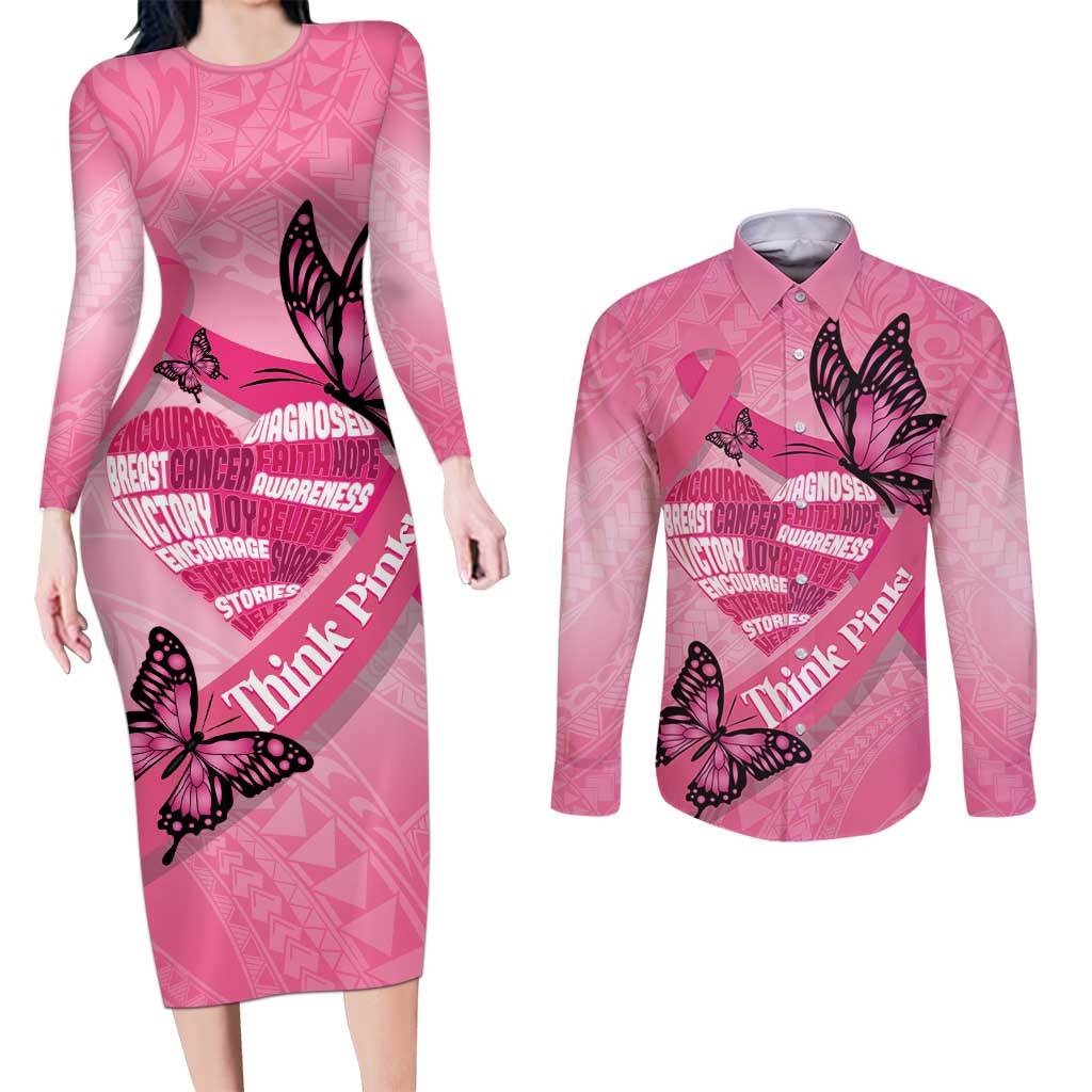 Polynesia Breast Cancer Awareness Month Couples Matching Long Sleeve Bodycon Dress and Long Sleeve Button Shirt Pink Ribbon Mix Butterflies LT14 Pink - Polynesian Pride