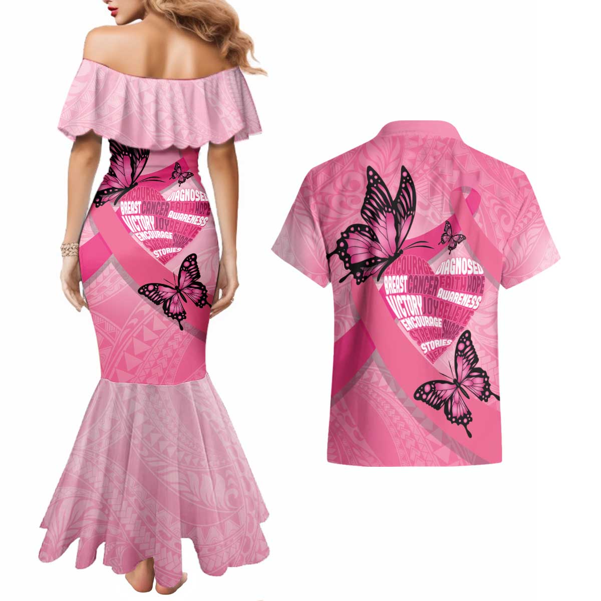 Polynesia Breast Cancer Awareness Month Couples Matching Mermaid Dress and Hawaiian Shirt Pink Ribbon Mix Butterflies
