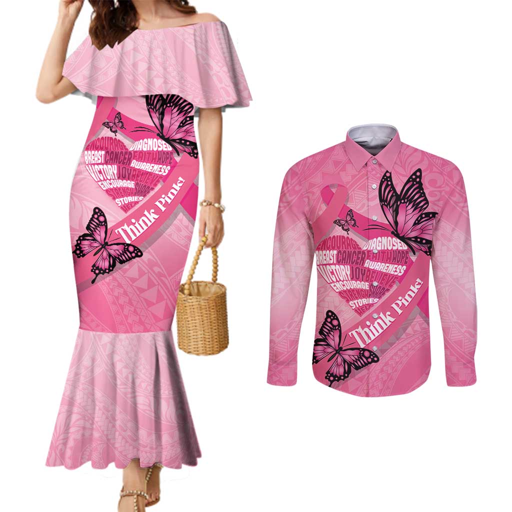 Polynesia Breast Cancer Awareness Month Couples Matching Mermaid Dress and Long Sleeve Button Shirt Pink Ribbon Mix Butterflies LT14 Pink - Polynesian Pride