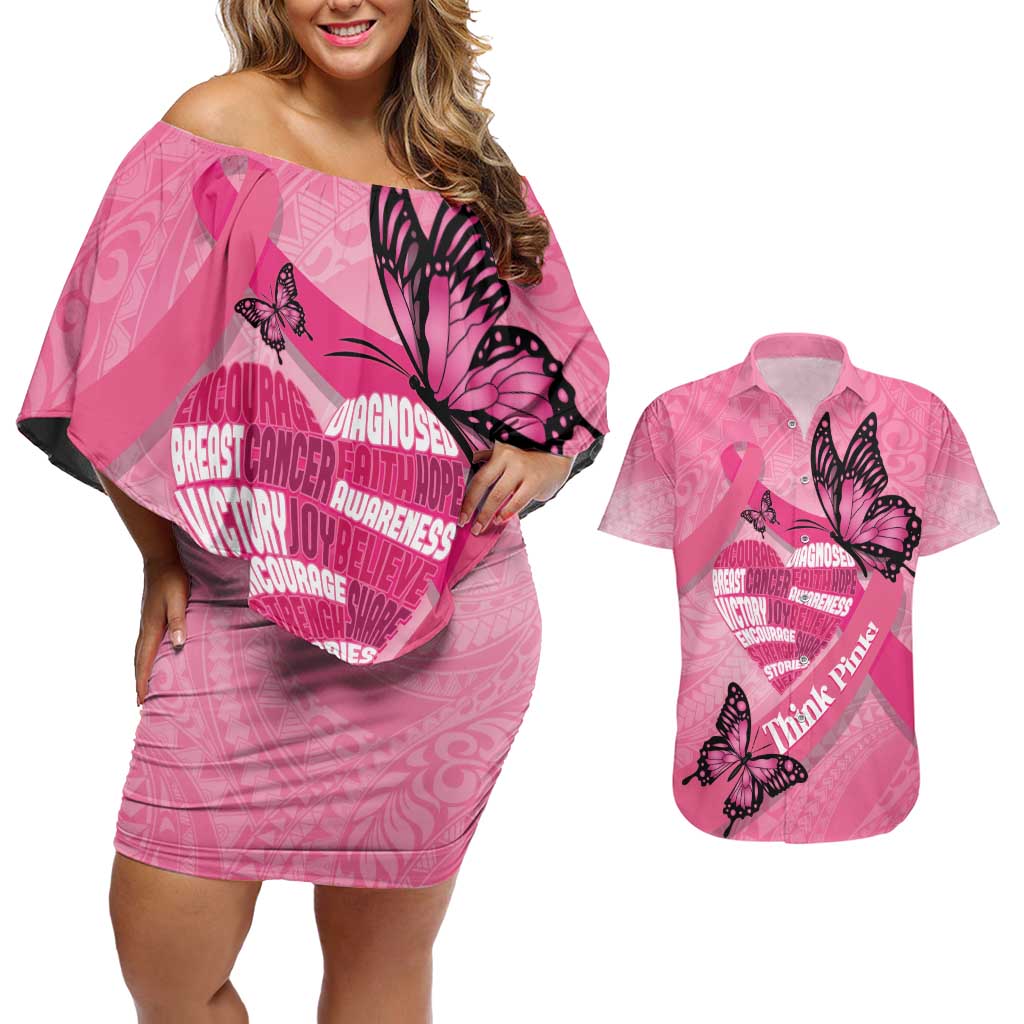 Polynesia Breast Cancer Awareness Month Couples Matching Off Shoulder Short Dress and Hawaiian Shirt Pink Ribbon Mix Butterflies LT14 Pink - Polynesian Pride