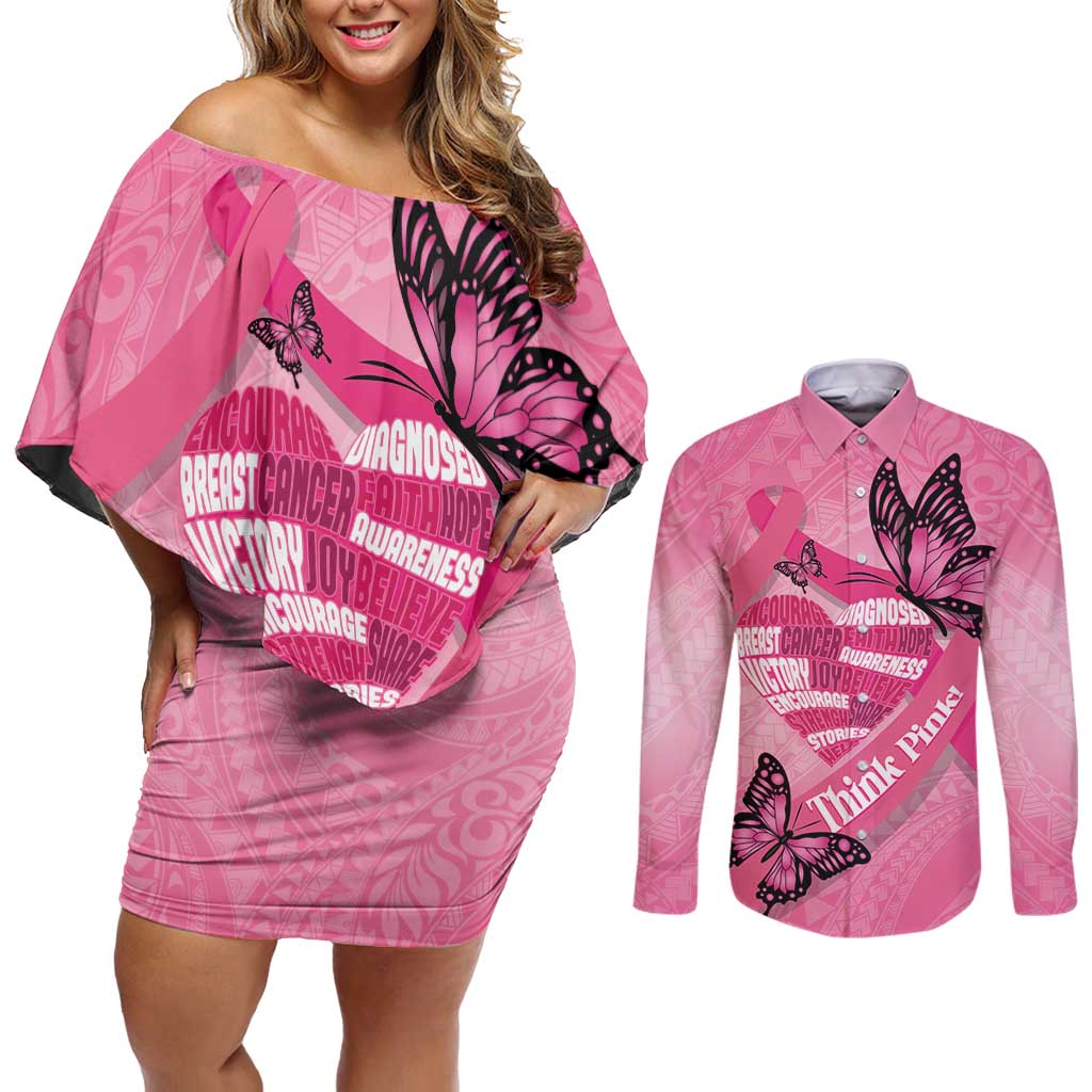 Polynesia Breast Cancer Awareness Month Couples Matching Off Shoulder Short Dress and Long Sleeve Button Shirt Pink Ribbon Mix Butterflies LT14 Pink - Polynesian Pride