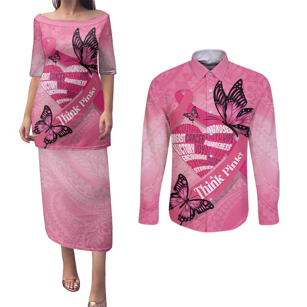 Polynesia Breast Cancer Awareness Month Couples Matching Puletasi and Long Sleeve Button Shirt Pink Ribbon Mix Butterflies LT14 Pink - Polynesian Pride