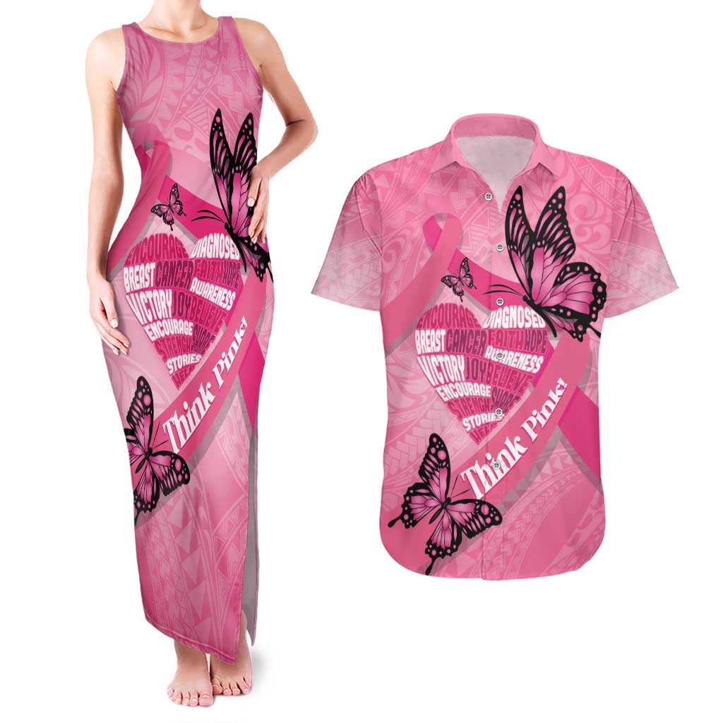Polynesia Breast Cancer Awareness Month Couples Matching Tank Maxi Dress and Hawaiian Shirt Pink Ribbon Mix Butterflies LT14 Pink - Polynesian Pride