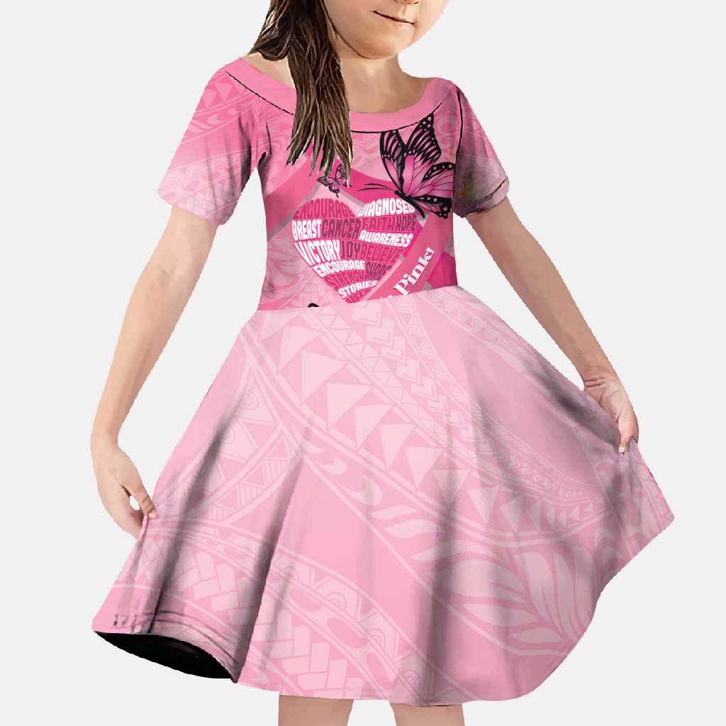 Polynesia Breast Cancer Awareness Month Family Matching Long Sleeve Bodycon Dress and Hawaiian Shirt Pink Ribbon Mix Butterflies