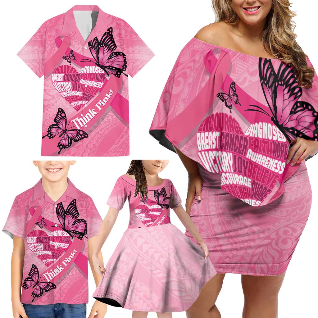 Polynesia Breast Cancer Awareness Month Family Matching Off Shoulder Short Dress and Hawaiian Shirt Pink Ribbon Mix Butterflies LT14 - Polynesian Pride