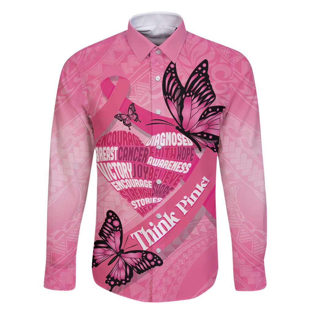 Polynesia Breast Cancer Awareness Month Family Matching Off Shoulder Short Dress and Hawaiian Shirt Pink Ribbon Mix Butterflies