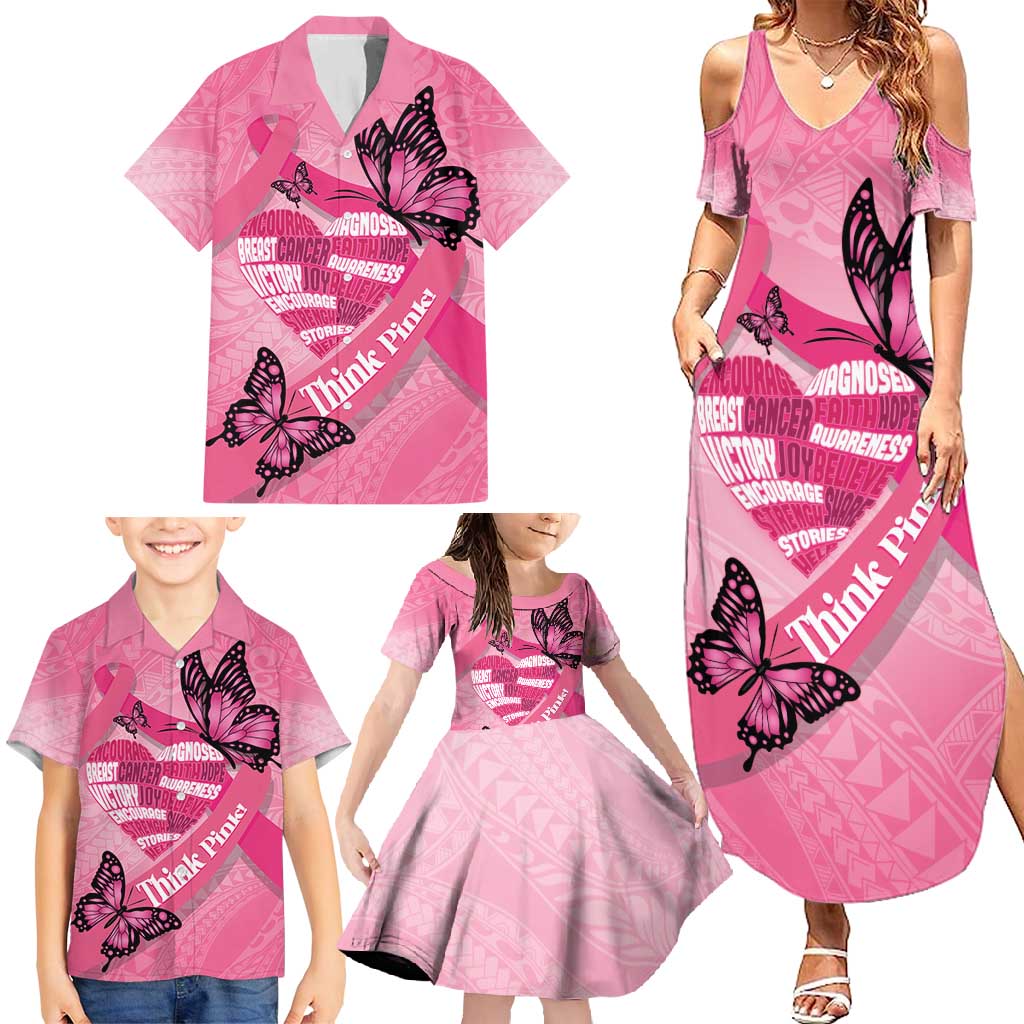 Polynesia Breast Cancer Awareness Month Family Matching Summer Maxi Dress and Hawaiian Shirt Pink Ribbon Mix Butterflies LT14 - Polynesian Pride