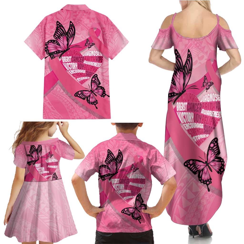 Polynesia Breast Cancer Awareness Month Family Matching Summer Maxi Dress and Hawaiian Shirt Pink Ribbon Mix Butterflies