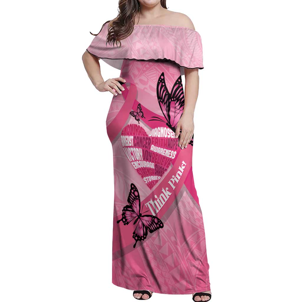 Polynesia Breast Cancer Awareness Month Off Shoulder Maxi Dress Pink Ribbon Mix Butterflies