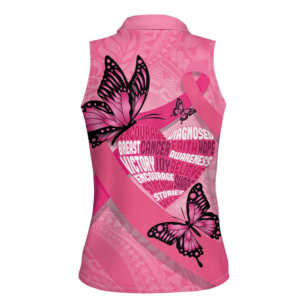Polynesia Breast Cancer Awareness Month Women Sleeveless Polo Shirt Pink Ribbon Mix Butterflies