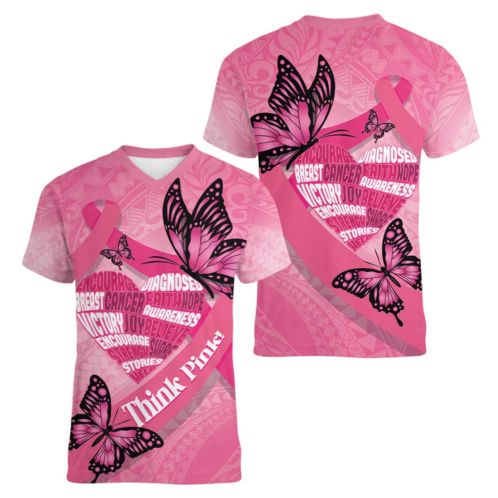 Polynesia Breast Cancer Awareness Month Women V-Neck T-Shirt Pink Ribbon Mix Butterflies
