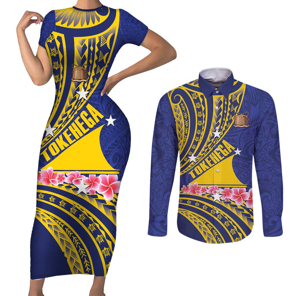 Personalised Tokelau Tokehega Day Couples Matching Short Sleeve Bodycon Dress and Long Sleeve Button Shirt Tokelauan Tatau Flag Color - Polynesian Pride