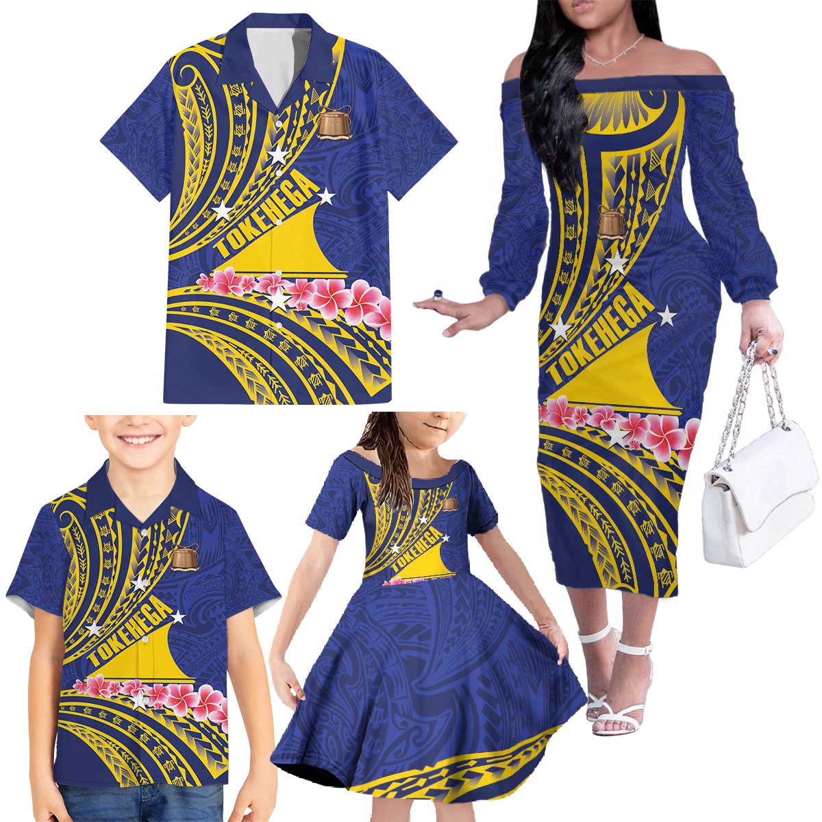 Personalised Tokelau Tokehega Day Family Matching Off The Shoulder Long Sleeve Dress and Hawaiian Shirt Tokelauan Tatau Flag Color - Polynesian Pride