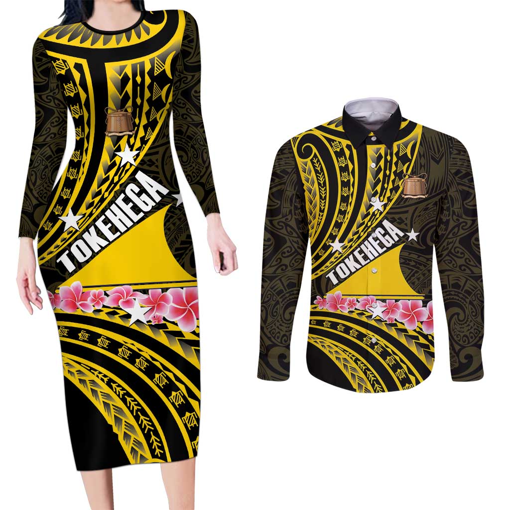 Personalised Tokelau Tokehega Day Couples Matching Long Sleeve Bodycon Dress and Long Sleeve Button Shirt Tokelauan Tatau Black Color - Polynesian Pride