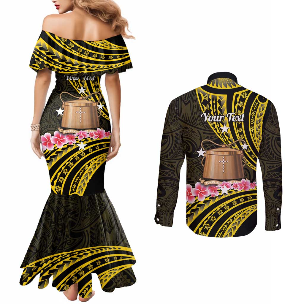 Personalised Tokelau Tokehega Day Couples Matching Mermaid Dress and Long Sleeve Button Shirt Tokelauan Tatau Black Color - Polynesian Pride