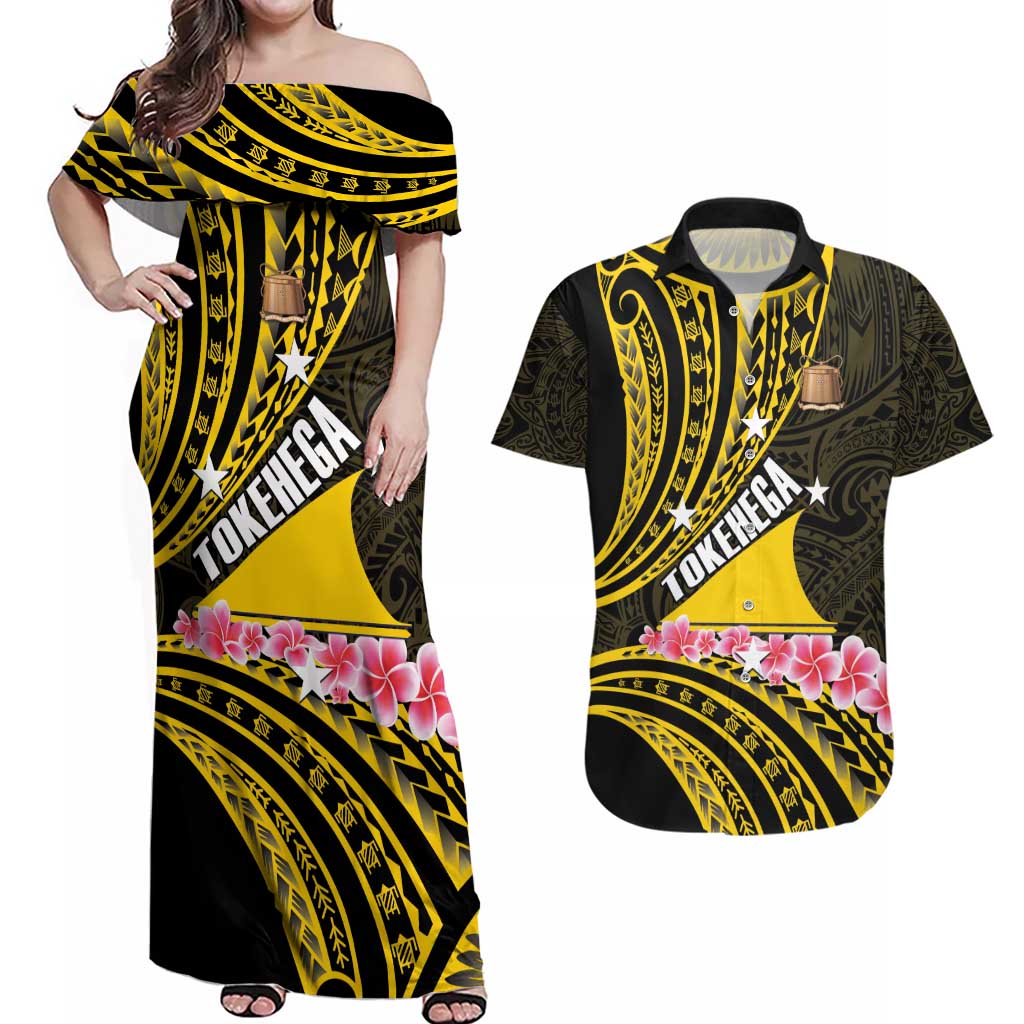 Personalised Tokelau Tokehega Day Couples Matching Off Shoulder Maxi Dress and Hawaiian Shirt Tokelauan Tatau Black Color - Polynesian Pride