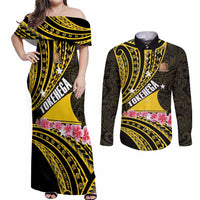Personalised Tokelau Tokehega Day Couples Matching Off Shoulder Maxi Dress and Long Sleeve Button Shirt Tokelauan Tatau Black Color - Polynesian Pride