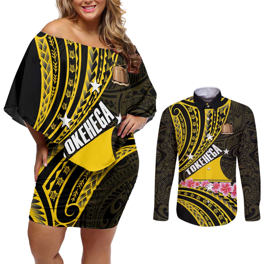 Personalised Tokelau Tokehega Day Couples Matching Off Shoulder Short Dress and Long Sleeve Button Shirt Tokelauan Tatau Black Color - Polynesian Pride
