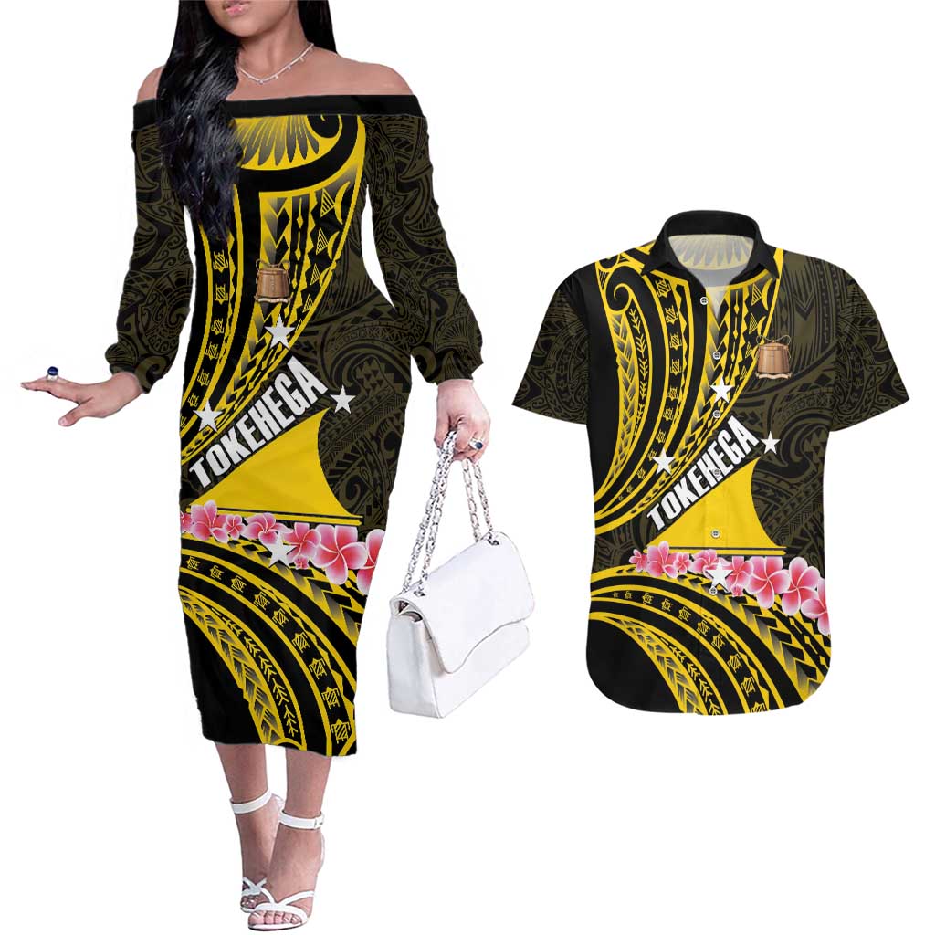 Personalised Tokelau Tokehega Day Couples Matching Off The Shoulder Long Sleeve Dress and Hawaiian Shirt Tokelauan Tatau Black Color - Polynesian Pride