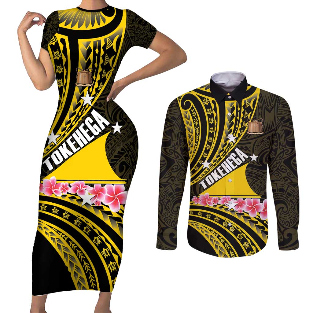 Personalised Tokelau Tokehega Day Couples Matching Short Sleeve Bodycon Dress and Long Sleeve Button Shirt Tokelauan Tatau Black Color - Polynesian Pride