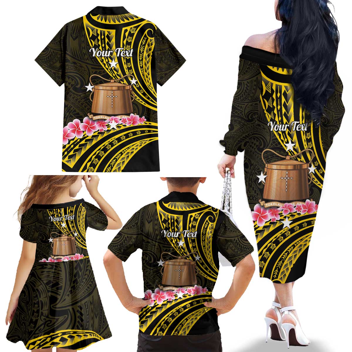 Personalised Tokelau Tokehega Day Family Matching Off The Shoulder Long Sleeve Dress and Hawaiian Shirt Tokelauan Tatau Black Color - Polynesian Pride