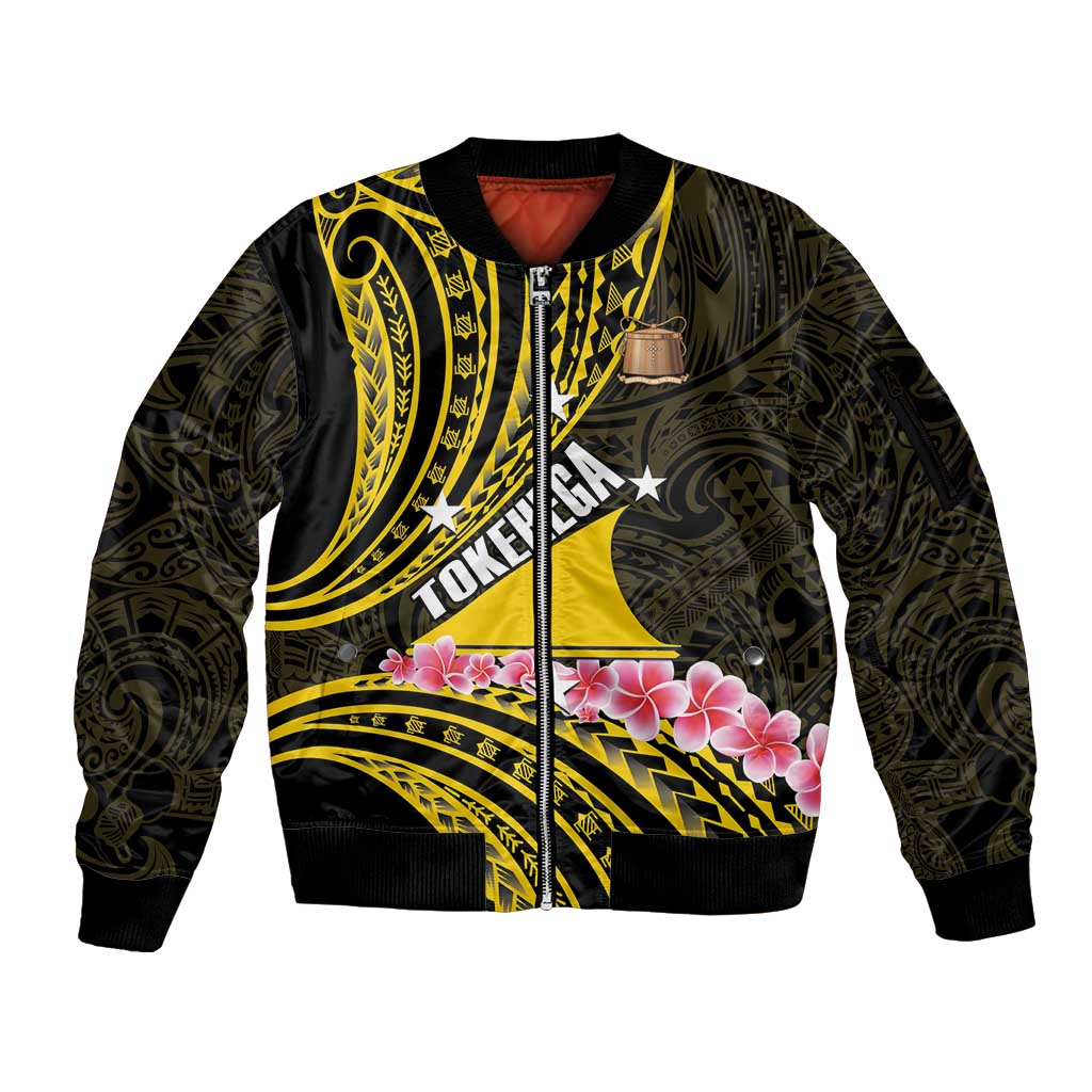 Personalised Tokelau Tokehega Day Sleeve Zip Bomber Jacket Tokelauan Tatau Black Color - Polynesian Pride