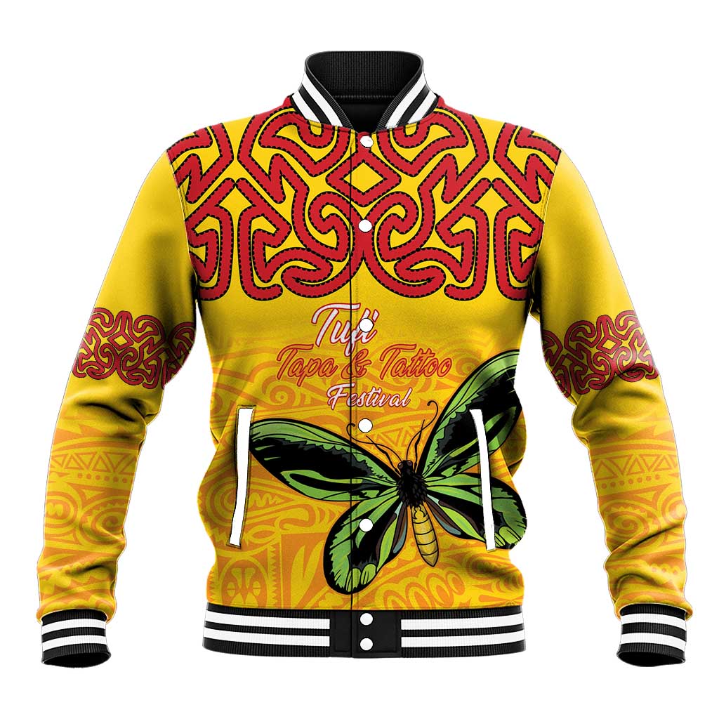 Personalised Tufi Tapa and Tattoo Festival Baseball Jacket PNG Oro Butterfly Tapa Pattern LT14 Unisex Yellow - Polynesian Pride