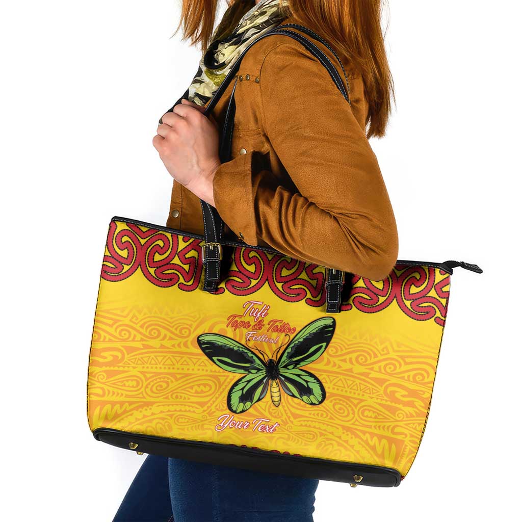 Personalised Tufi Tapa and Tattoo Festival Leather Tote Bag PNG Oro Butterfly Tapa Pattern - Polynesian Pride