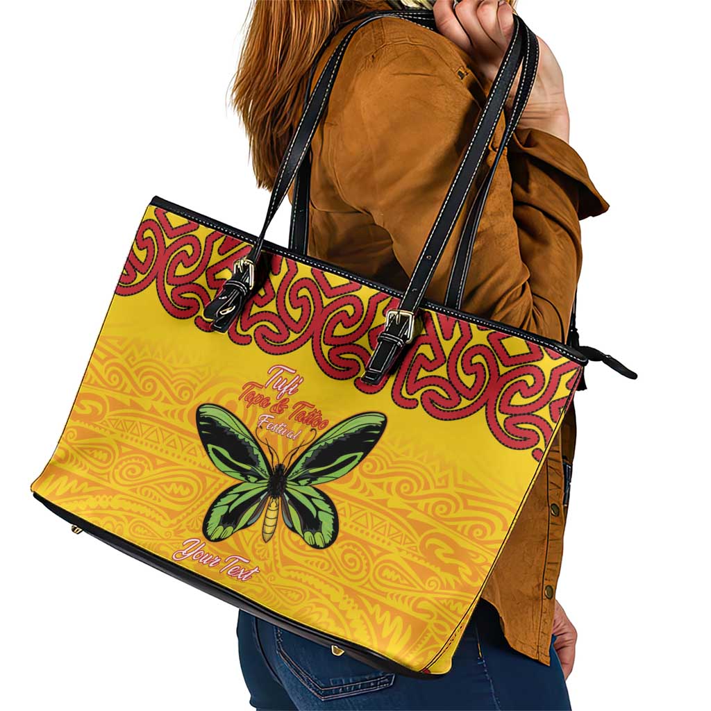 Personalised Tufi Tapa and Tattoo Festival Leather Tote Bag PNG Oro Butterfly Tapa Pattern - Polynesian Pride