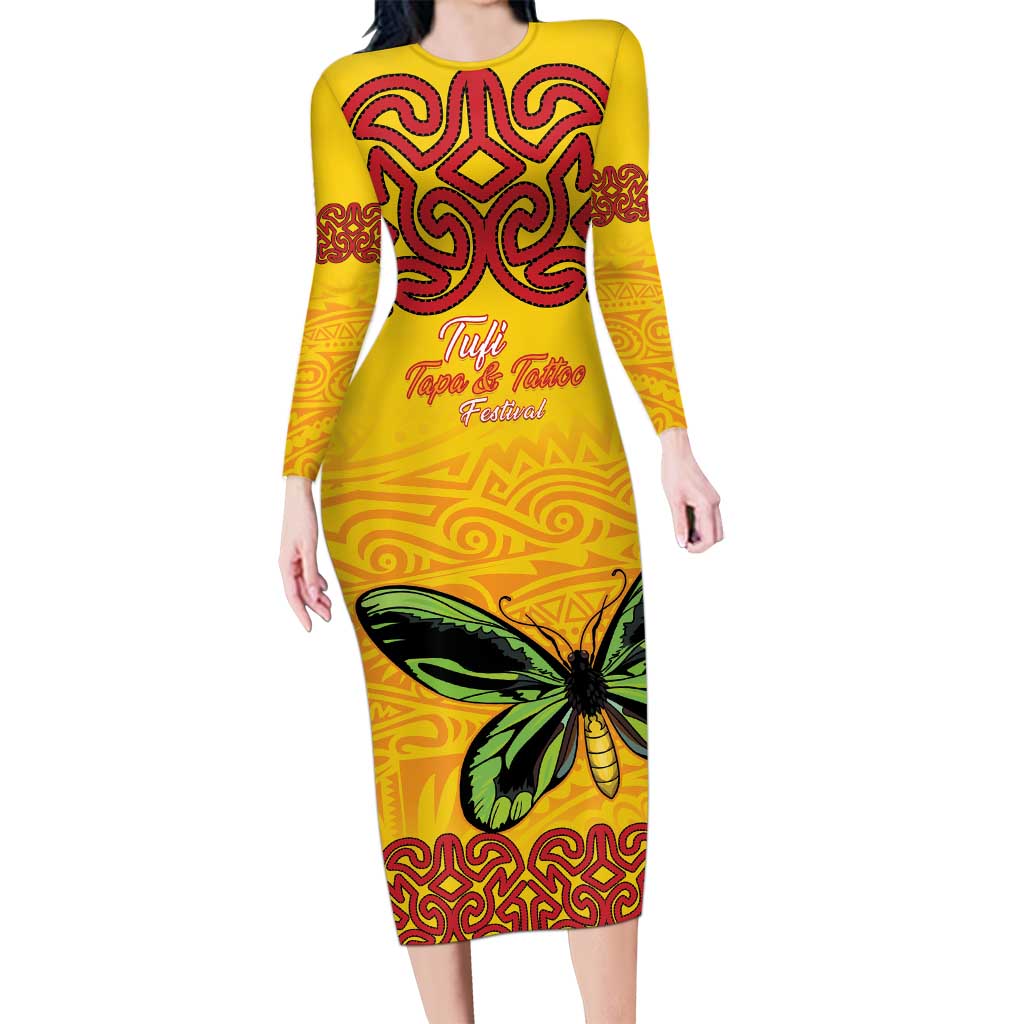 Personalised Tufi Tapa and Tattoo Festival Long Sleeve Bodycon Dress PNG Oro Butterfly Tapa Pattern - Polynesian Pride