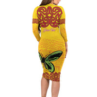 Personalised Tufi Tapa and Tattoo Festival Long Sleeve Bodycon Dress PNG Oro Butterfly Tapa Pattern - Polynesian Pride