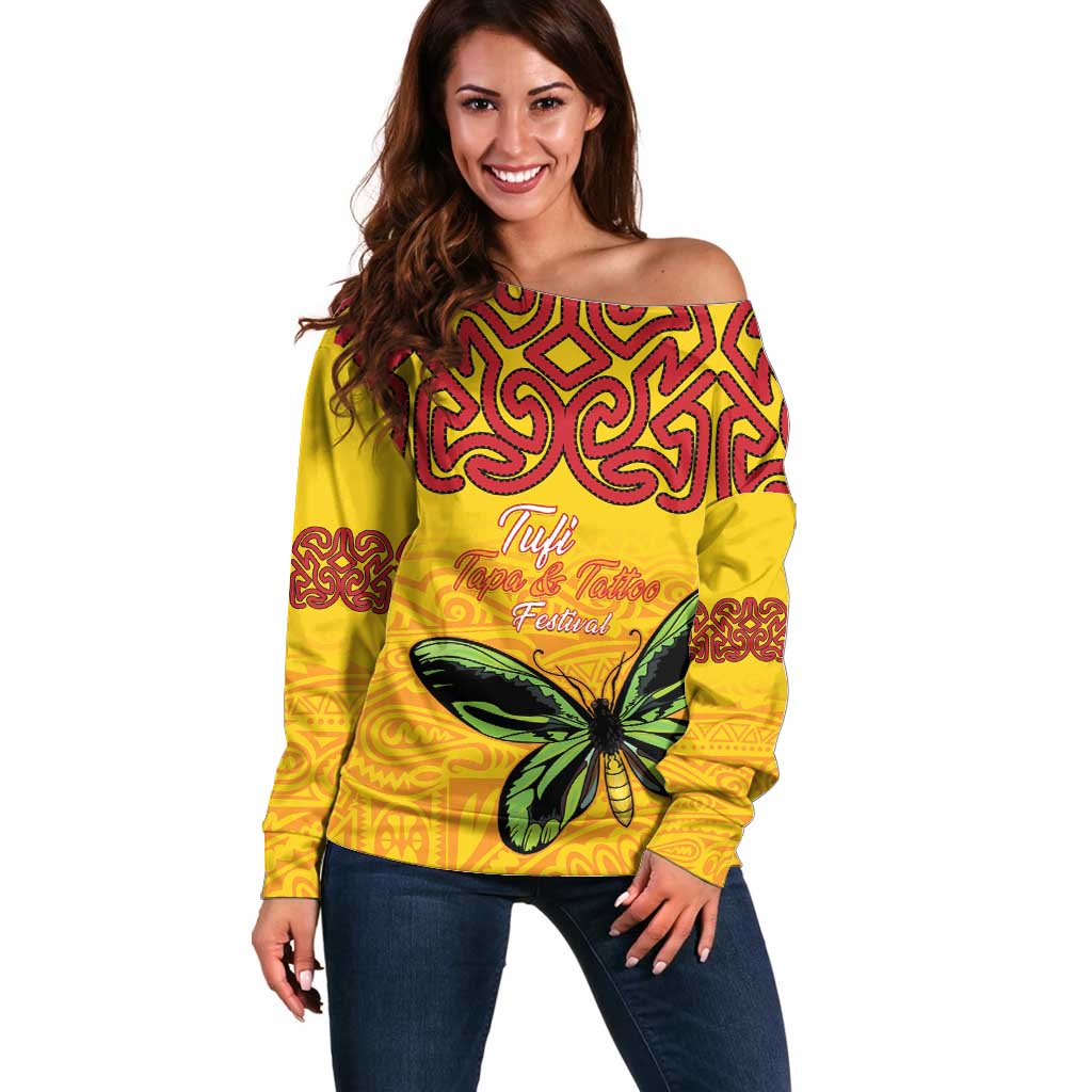 Personalised Tufi Tapa and Tattoo Festival Off Shoulder Sweater PNG Oro Butterfly Tapa Pattern - Polynesian Pride