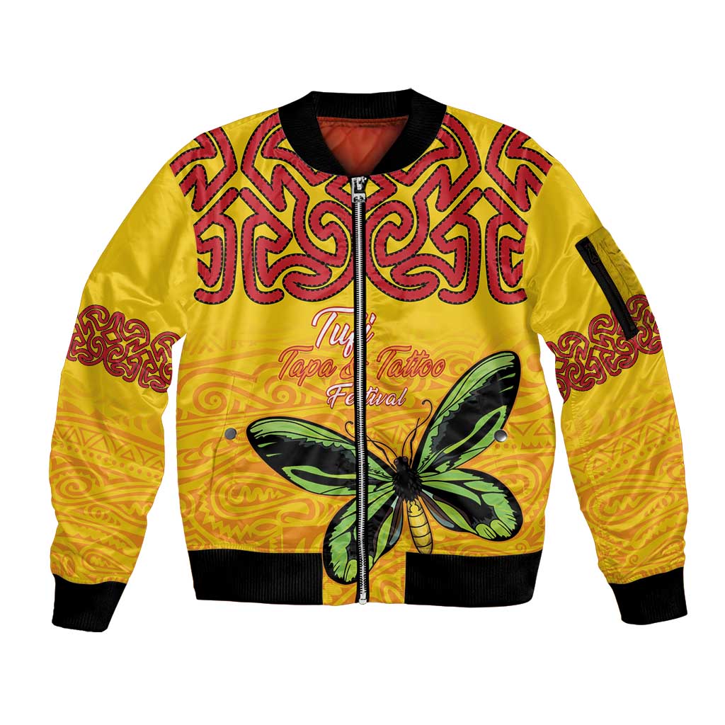 Personalised Tufi Tapa and Tattoo Festival Sleeve Zip Bomber Jacket PNG Oro Butterfly Tapa Pattern - Polynesian Pride