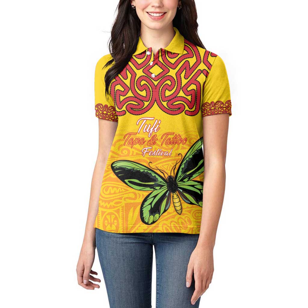 Personalised Tufi Tapa and Tattoo Festival Women Polo Shirt PNG Oro Butterfly Tapa Pattern - Polynesian Pride