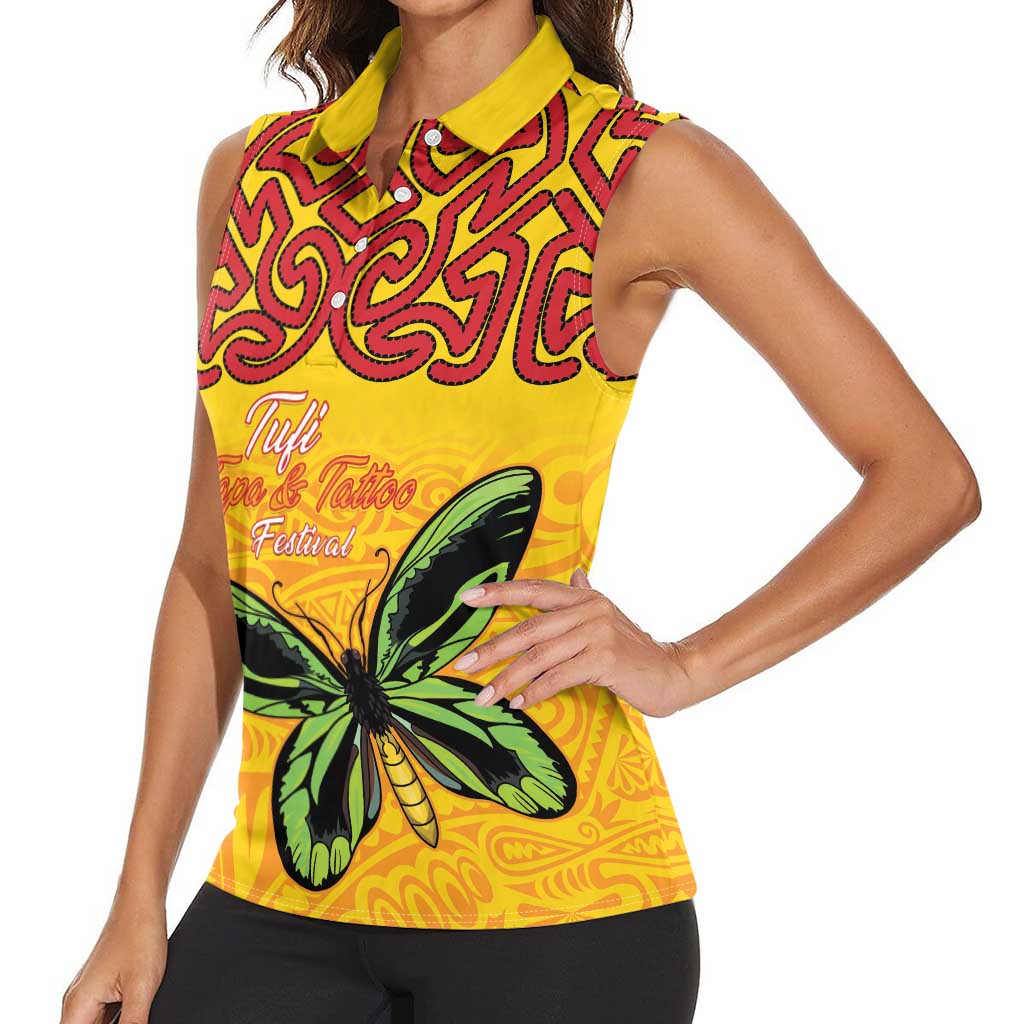 Personalised Tufi Tapa and Tattoo Festival Women Sleeveless Polo Shirt PNG Oro Butterfly Tapa Pattern - Polynesian Pride