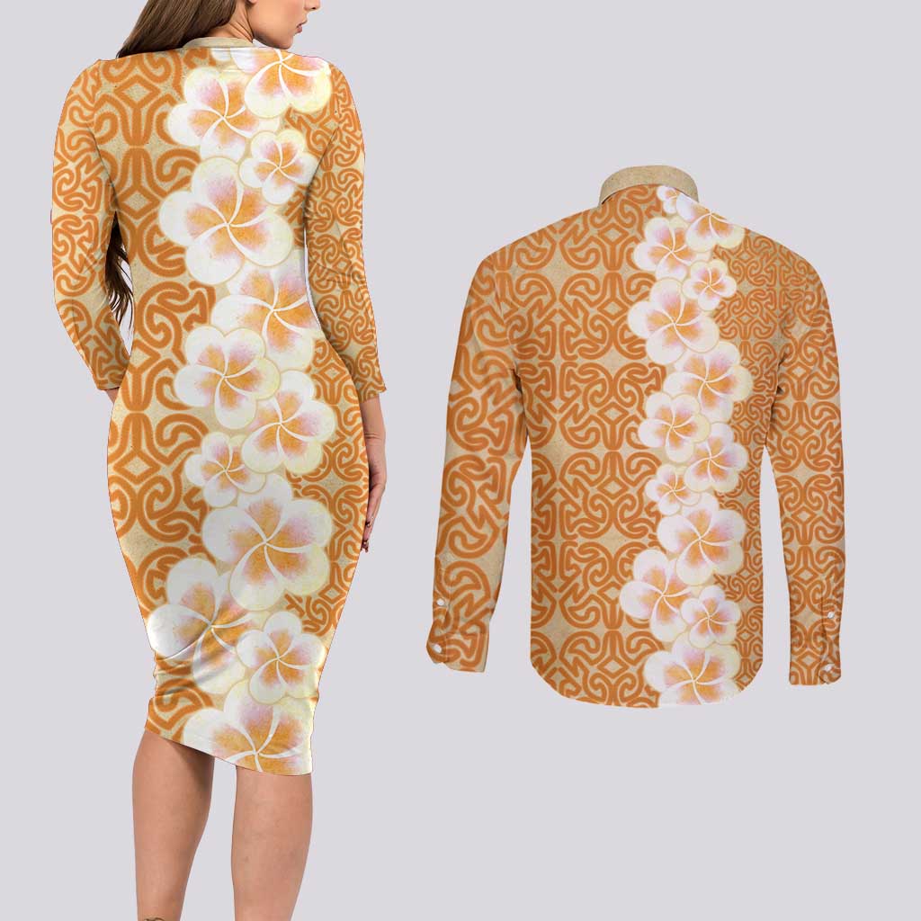 Personalised Tufi Tapa and Tattoo Festival Couples Matching Long Sleeve Bodycon Dress and Long Sleeve Button Shirt Oro Tapa Cloth With Plumeria - Polynesian Pride