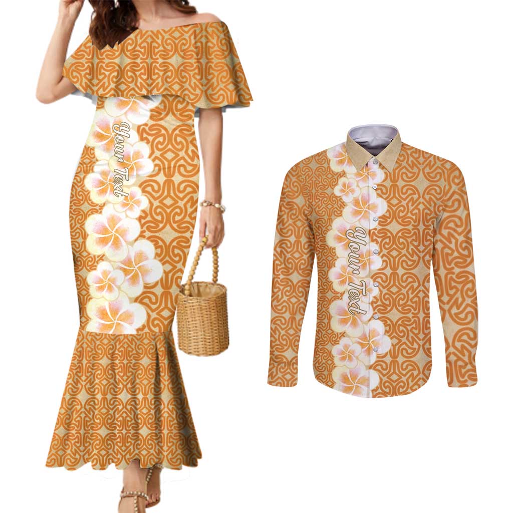 Personalised Tufi Tapa and Tattoo Festival Couples Matching Mermaid Dress and Long Sleeve Button Shirt Oro Tapa Cloth With Plumeria LT14 Brown - Polynesian Pride