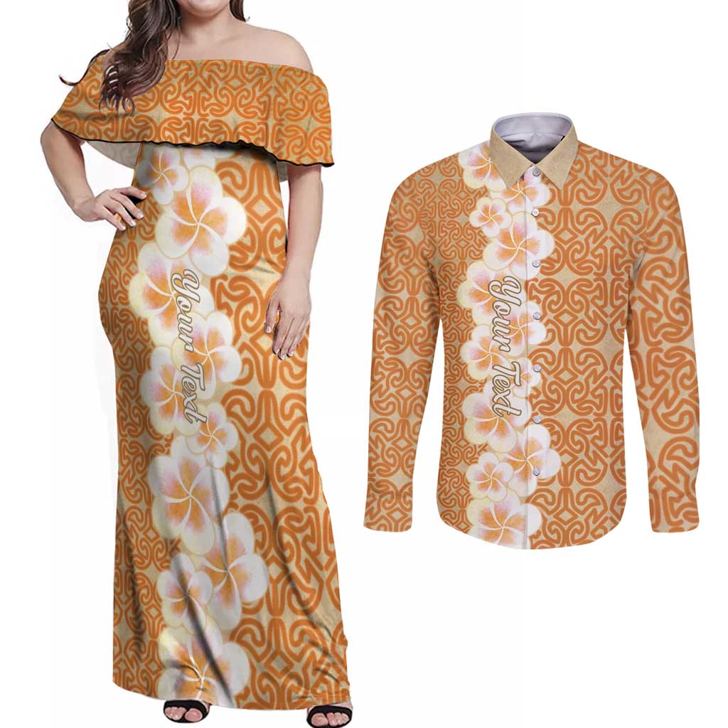 Personalised Tufi Tapa and Tattoo Festival Couples Matching Off Shoulder Maxi Dress and Long Sleeve Button Shirt Oro Tapa Cloth With Plumeria LT14 Brown - Polynesian Pride