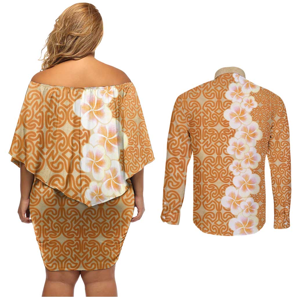 Personalised Tufi Tapa and Tattoo Festival Couples Matching Off Shoulder Short Dress and Long Sleeve Button Shirt Oro Tapa Cloth With Plumeria - Polynesian Pride