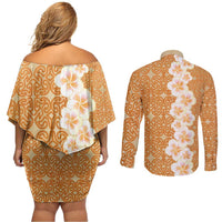 Personalised Tufi Tapa and Tattoo Festival Couples Matching Off Shoulder Short Dress and Long Sleeve Button Shirt Oro Tapa Cloth With Plumeria - Polynesian Pride