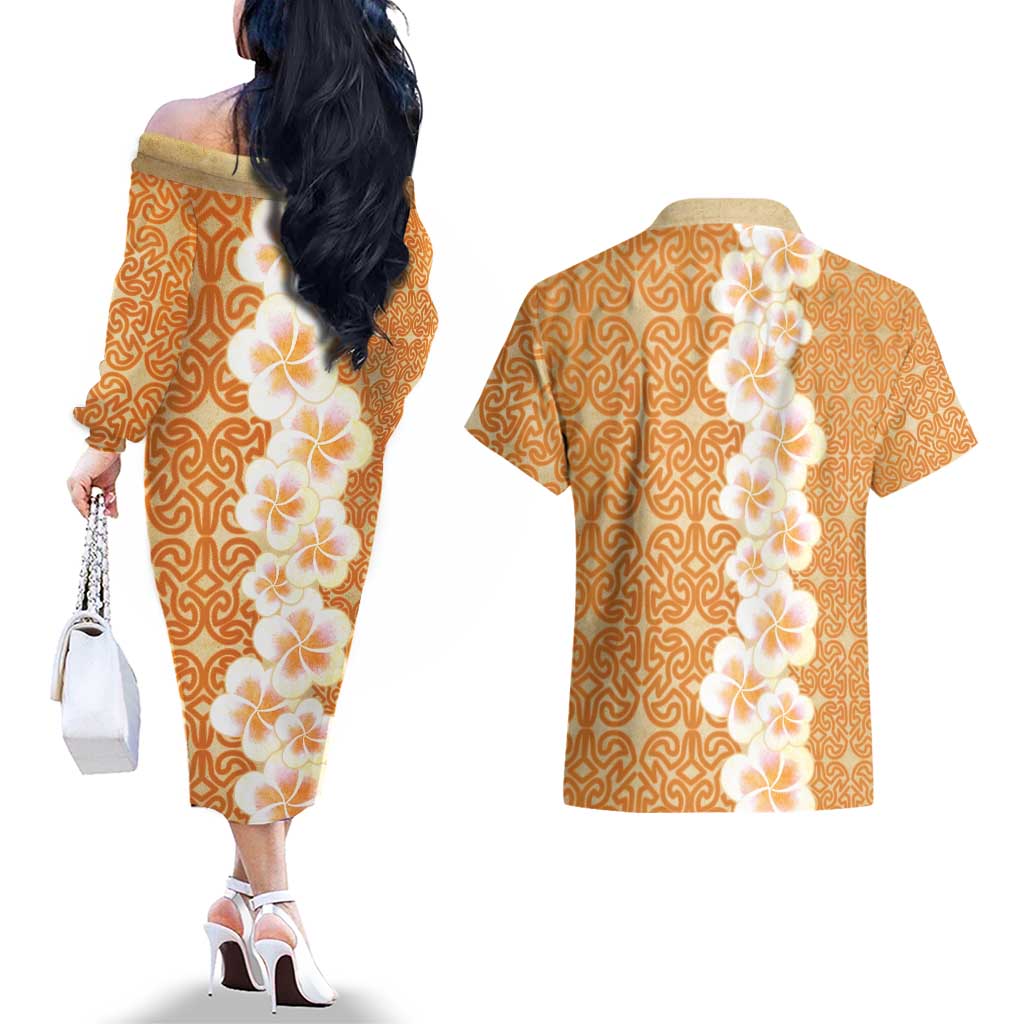 Personalised Tufi Tapa and Tattoo Festival Couples Matching Off The Shoulder Long Sleeve Dress and Hawaiian Shirt Oro Tapa Cloth With Plumeria - Polynesian Pride