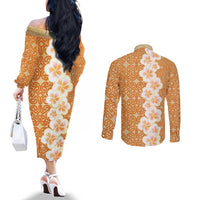Personalised Tufi Tapa and Tattoo Festival Couples Matching Off The Shoulder Long Sleeve Dress and Long Sleeve Button Shirt Oro Tapa Cloth With Plumeria - Polynesian Pride